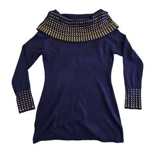 Questions Sweater Women's Size Medium Cowl Neck 3/4 Sleeve Navy Blue Bedazzled